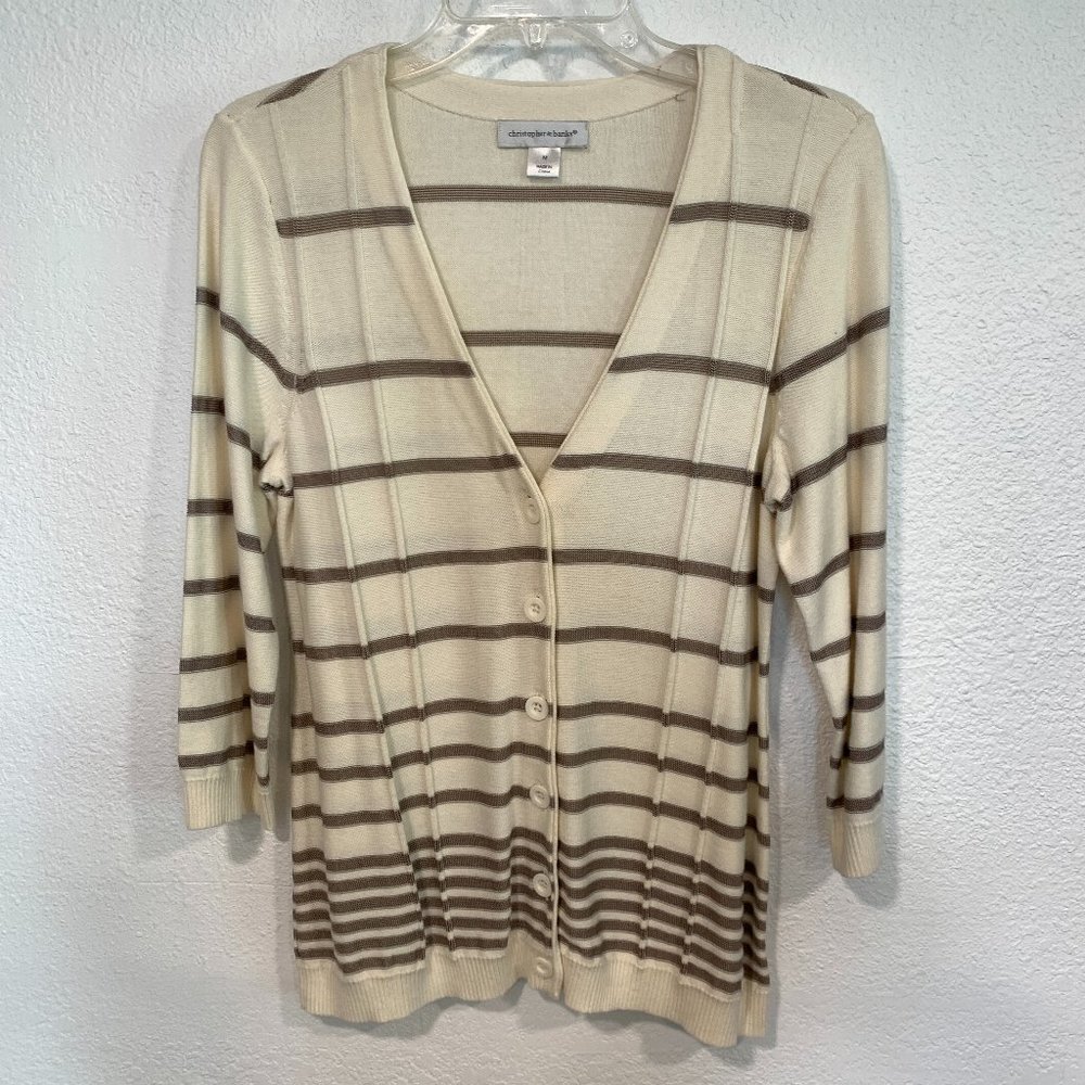 Christopher & Banks Cardigan Sweater V-Neck Beige and Brown Striped EUC Size Med